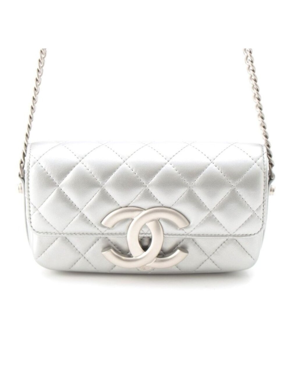Chanel Leather Quilted Big CC Logo Chain Shoulder Bag Silver